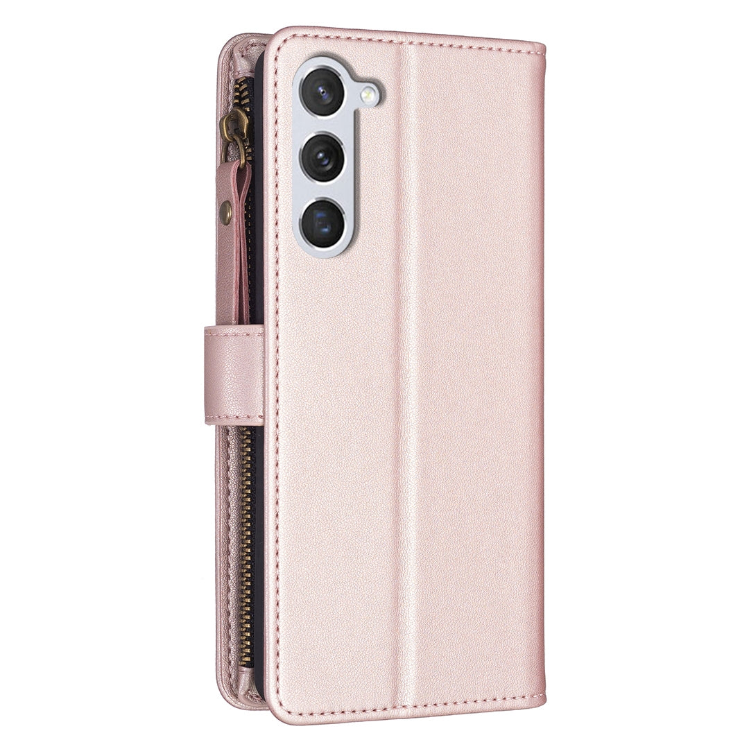 Samsung Galaxy S23 5G Leather Flip Phone Case with 9 Card Slots, Zipper Wallet & Detachable Wristlet Strap