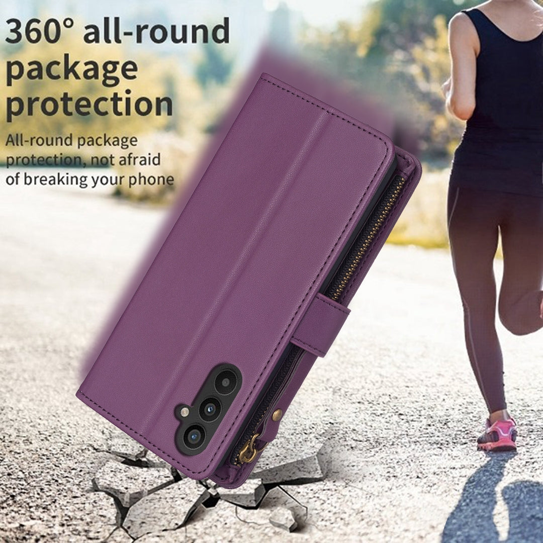 Samsung Galaxy A25 5G Leather Flip Phone Case with 9 Card Slots, Zipper Wallet & Detachable Wristlet Strap