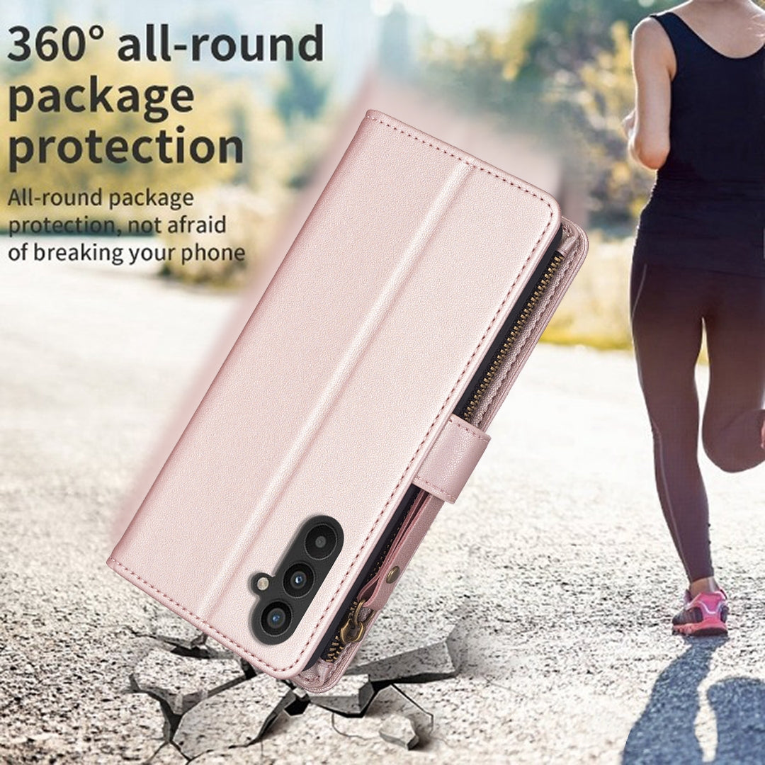 Samsung Galaxy A25 5G Leather Flip Phone Case with 9 Card Slots, Zipper Wallet & Detachable Wristlet Strap