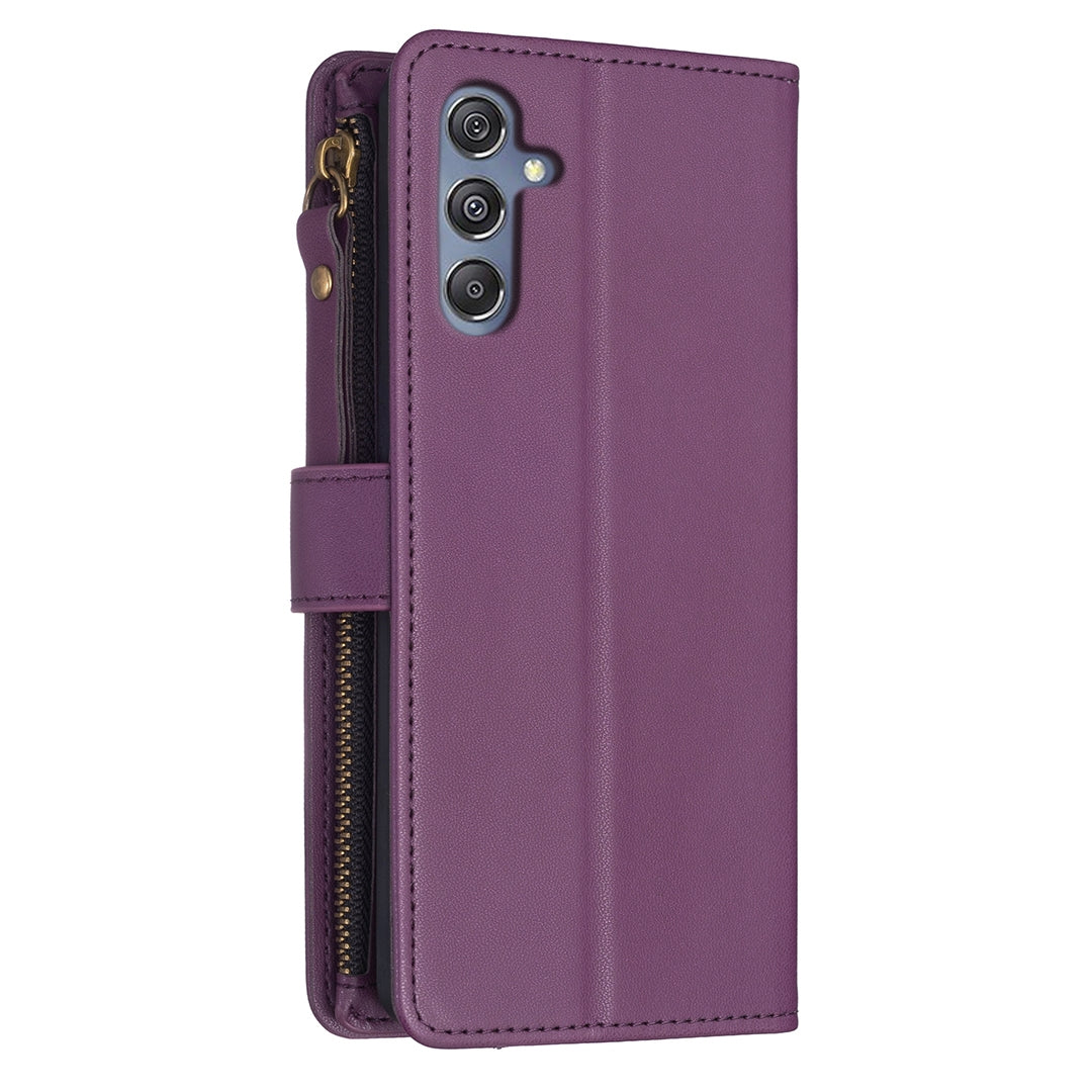 Samsung Galaxy M34 5G Leather Flip Phone Case with 9 Card Slots, Zipper Wallet & Detachable Wristlet Strap
