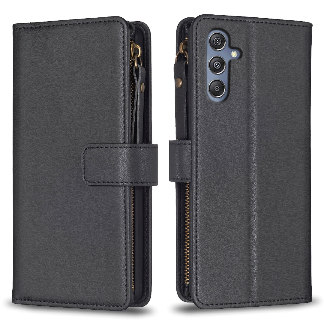Samsung Galaxy M34 5G Leather Flip Phone Case with 9 Card Slots, Zipper Wallet & Detachable Wristlet Strap