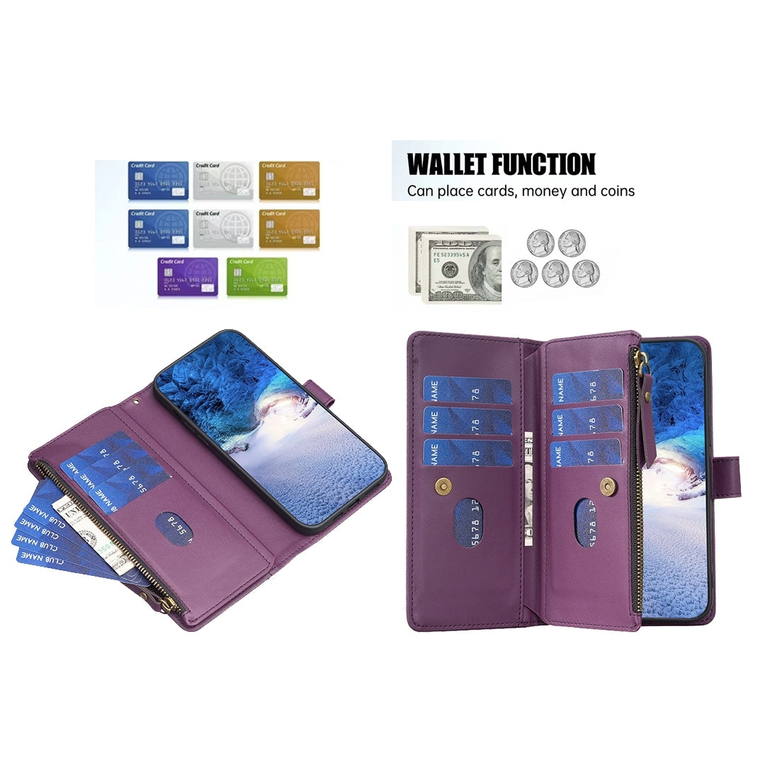 Samsung Galaxy A15 Leather Flip Phone Case with 9 Card Slots, Zipper Wallet & Detachable Wristlet Strap