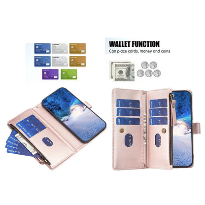 Samsung Galaxy A15 Leather Flip Phone Case with 9 Card Slots, Zipper Wallet & Detachable Wristlet Strap