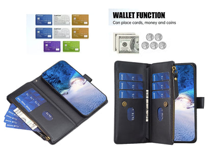 Samsung Galaxy S24+ 5G Leather Flip Phone Case with 9 Card Slots, Zipper Wallet & Detachable Wristlet Strap