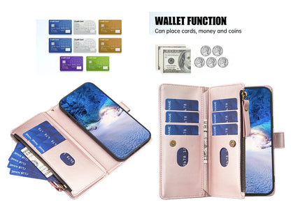 Samsung Galaxy S24+ 5G Leather Flip Phone Case with 9 Card Slots, Zipper Wallet & Detachable Wristlet Strap