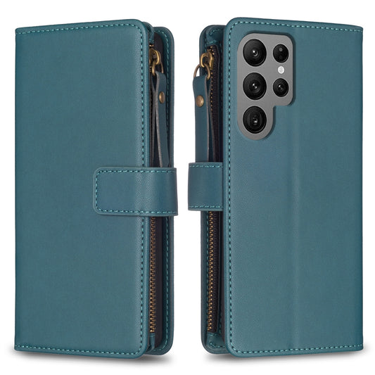 Samsung Galaxy S24 Ultra 5G Leather Flip Phone Case with 9 Card Slots, Zipper Wallet & Detachable Wristlet Strap