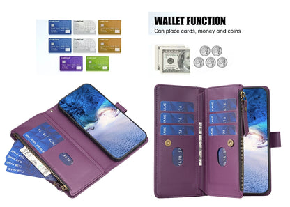 Samsung Galaxy S24 5G Leather Flip Phone Case with 9 Card Slots, Zipper Wallet & Detachable Wristlet Strap