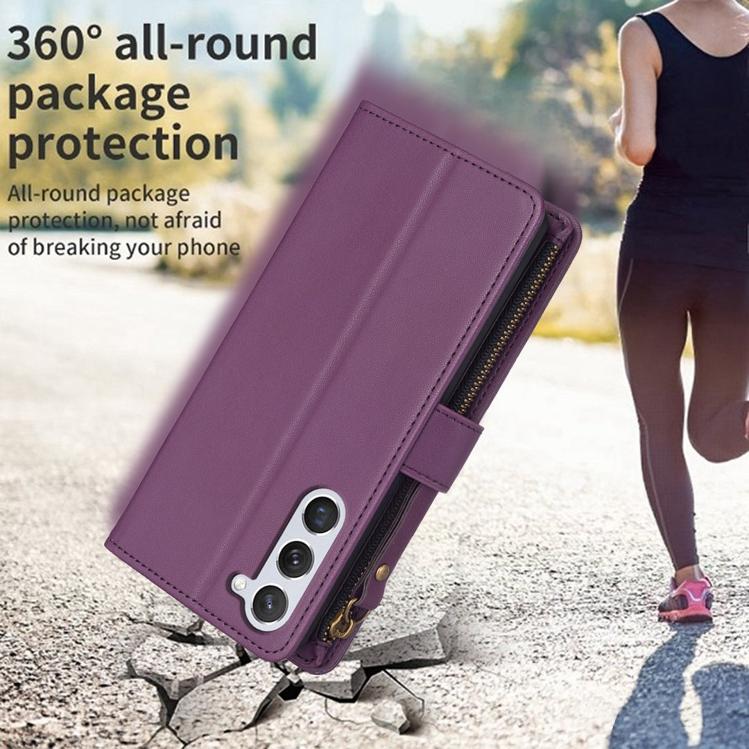Samsung Galaxy S24 5G Leather Flip Phone Case with 9 Card Slots, Zipper Wallet & Detachable Wristlet Strap
