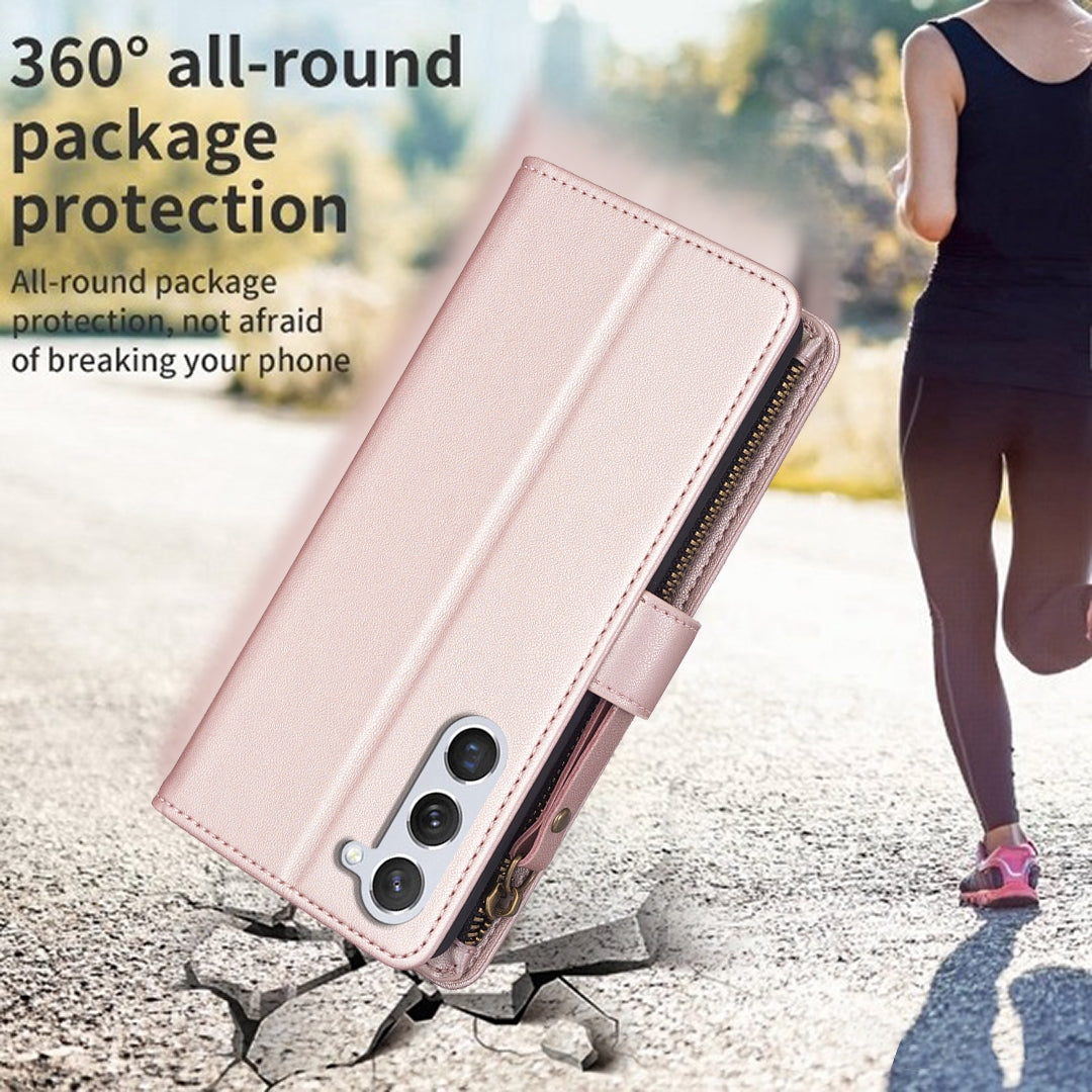 Samsung Galaxy S24 5G Leather Flip Phone Case with 9 Card Slots, Zipper Wallet & Detachable Wristlet Strap