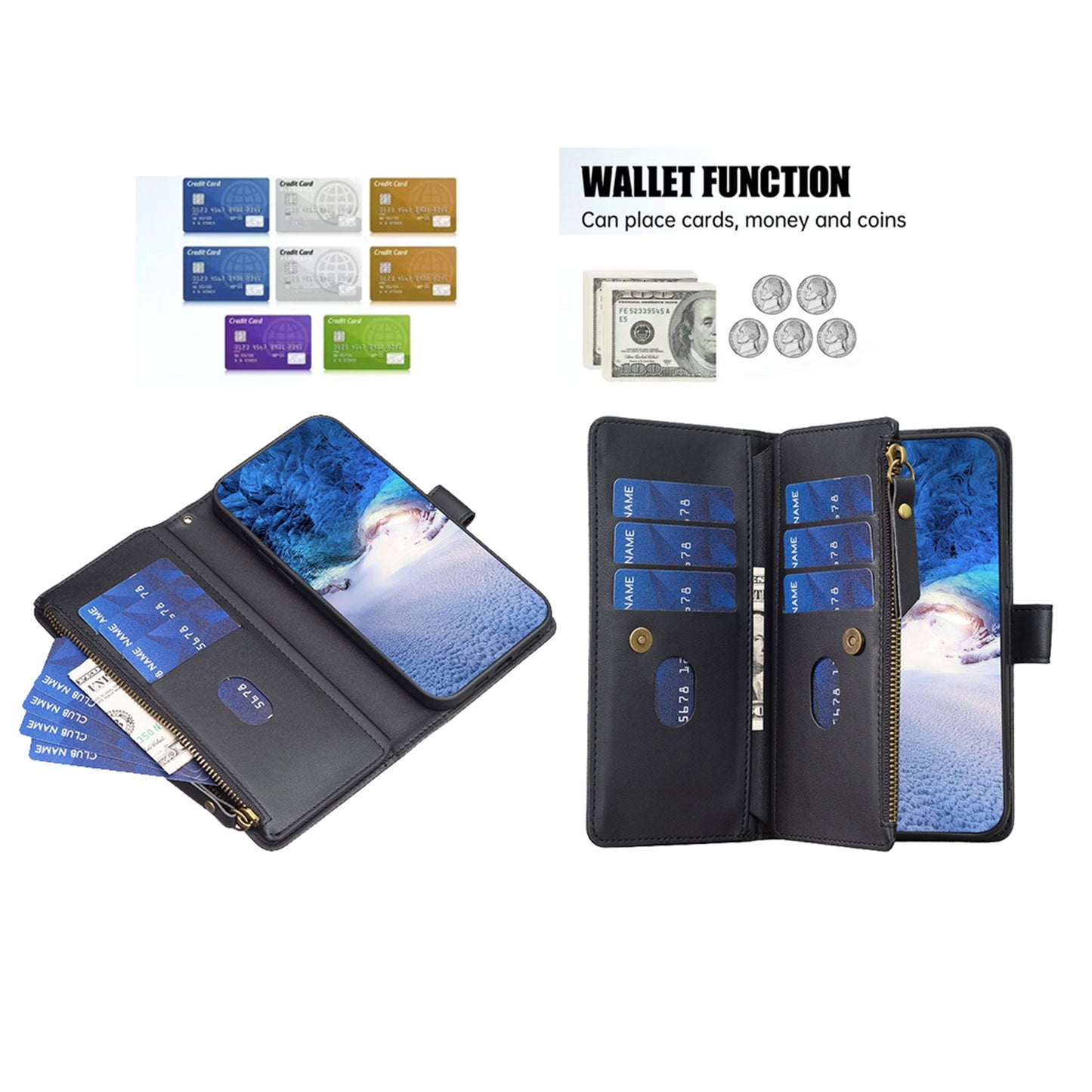 Samsung Galaxy A35 Leather Flip Phone Case with 9 Card Slots, Zipper Wallet & Detachable Wristlet Strap