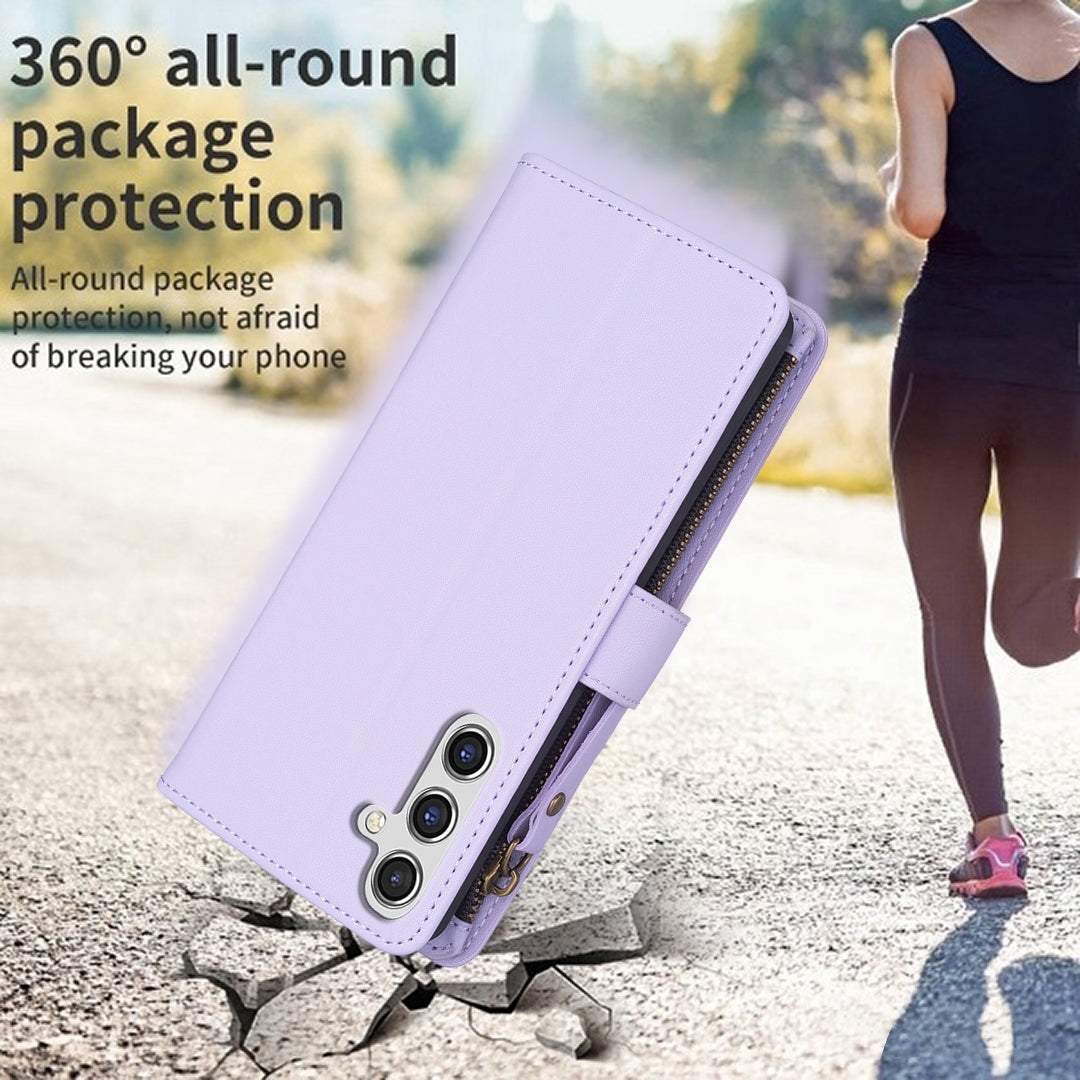 Samsung Galaxy A35 Leather Flip Phone Case with 9 Card Slots, Zipper Wallet & Detachable Wristlet Strap