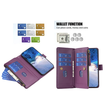 Samsung Galaxy A55 Leather Flip Phone Case with 9 Card Slots, Zipper Wallet & Detachable Wristlet Strap