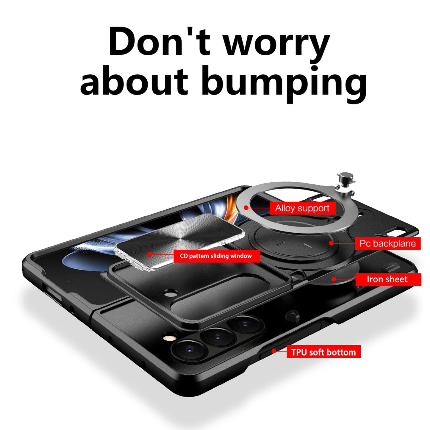 Samsung Galaxy Z Fold5 Magnetic Holder CD Texture Sliding Camshield Phone Case, TPU PC Shockproof Cover