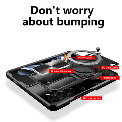 Samsung Galaxy Z Fold7 Magnetic Holder CD Texture Sliding Camshield Phone Case, TPU PC Shockproof Cover