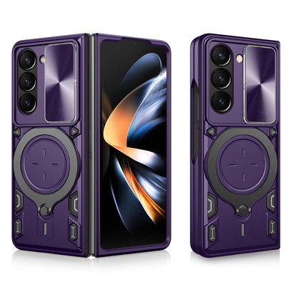 Samsung Galaxy Z Fold7 Magnetic Holder CD Texture Sliding Camshield Phone Case, TPU PC Shockproof Cover