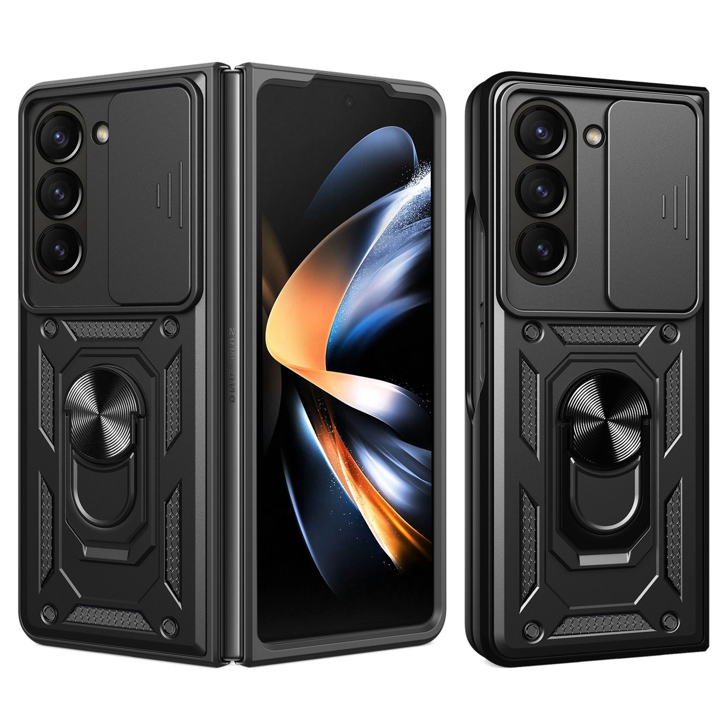 Samsung Galaxy Z Fold5 Sliding Camera Cover Magnetic Ring Stand Shockproof TPU + PC Protective Phone Case
