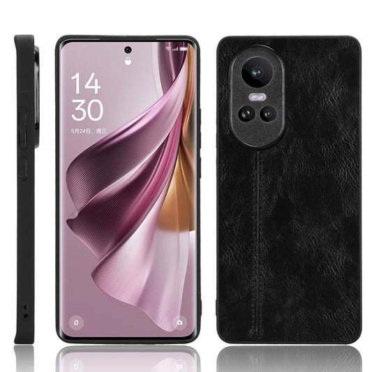OPPO Reno10 Cow Pattern Sewing Back Cover Phone Case - Premium PU Leather Texture PC + TPU Shockproof Protective Case, Scratch Resistant Slim Lightweight Anti-Fingerprint Full Coverage Mobile Cover