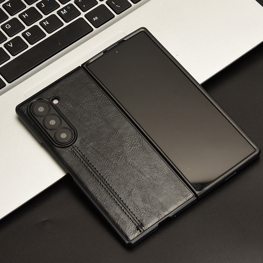 Samsung Galaxy Z Fold6 Cow Pattern Sewing Back Cover Phone Case - Premium PU Leather Texture PC + TPU Shockproof Protective Case, Scratch Resistant Slim Lightweight Anti-Fingerprint Full Coverage Mobile Cover