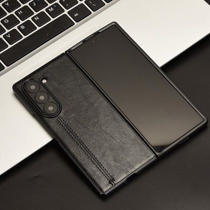 Samsung Galaxy Z Fold6 Cow Pattern Sewing Back Cover Phone Case - Premium PU Leather Texture PC + TPU Shockproof Protective Case, Scratch Resistant Slim Lightweight Anti-Fingerprint Full Coverage Mobile Cover
