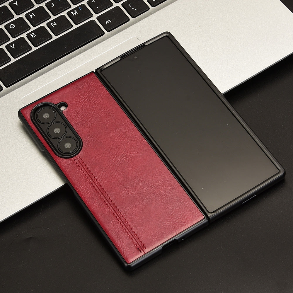 Samsung Galaxy Z Fold6 Cow Pattern Sewing Back Cover Phone Case - Premium PU Leather Texture PC + TPU Shockproof Protective Case, Scratch Resistant Slim Lightweight Anti-Fingerprint Full Coverage Mobile Cover