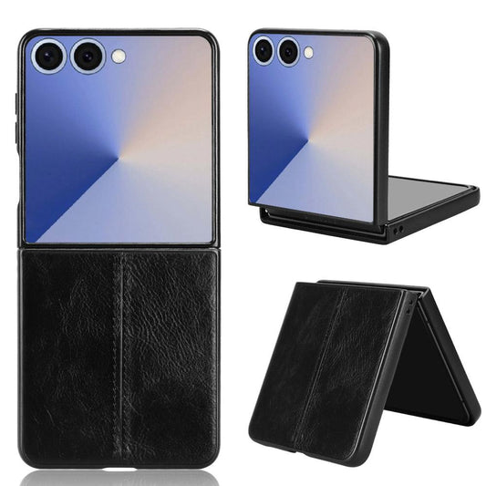 Samsung Galaxy Z Flip7 5G Cow Pattern Sewing Back Cover Phone Case - Premium PU Leather Texture PC + TPU Shockproof Protective Case, Scratch Resistant Slim Lightweight Anti-Fingerprint Full Coverage Mobile Cover