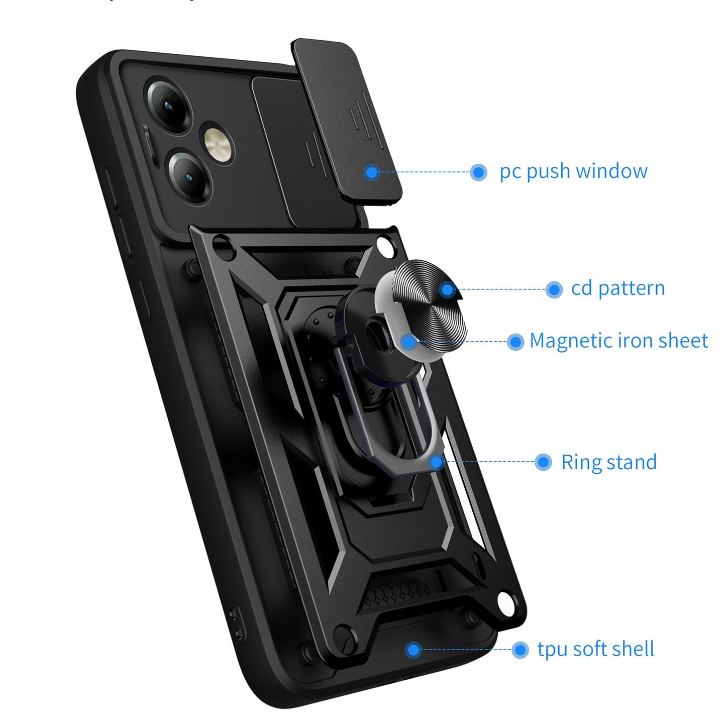 Motorola Moto G14 Sliding Camera Cover Magnetic Ring Stand Shockproof TPU + PC Protective Phone Case
