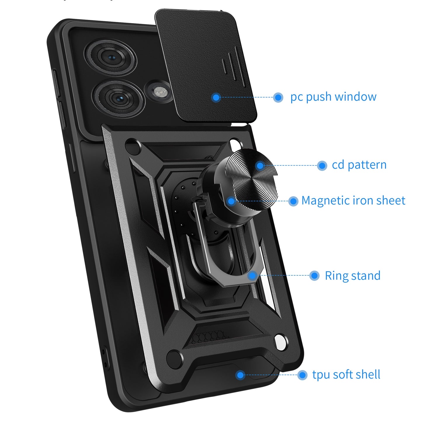 Motorola Edge 40 Neo 5G Sliding Camera Cover Magnetic Ring Stand Shockproof TPU + PC Protective Phone Case