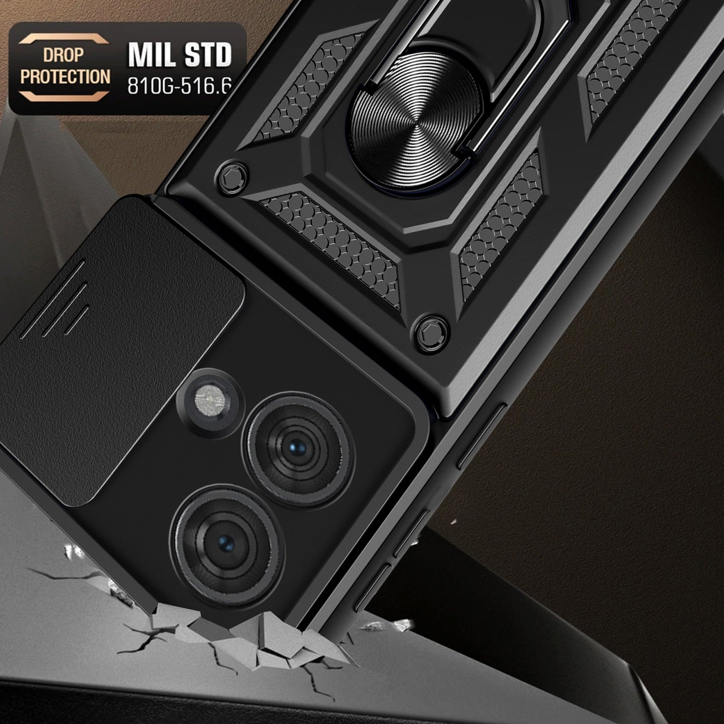 Motorola Edge 40 Neo 5G Sliding Camera Cover Magnetic Ring Stand Shockproof TPU + PC Protective Phone Case