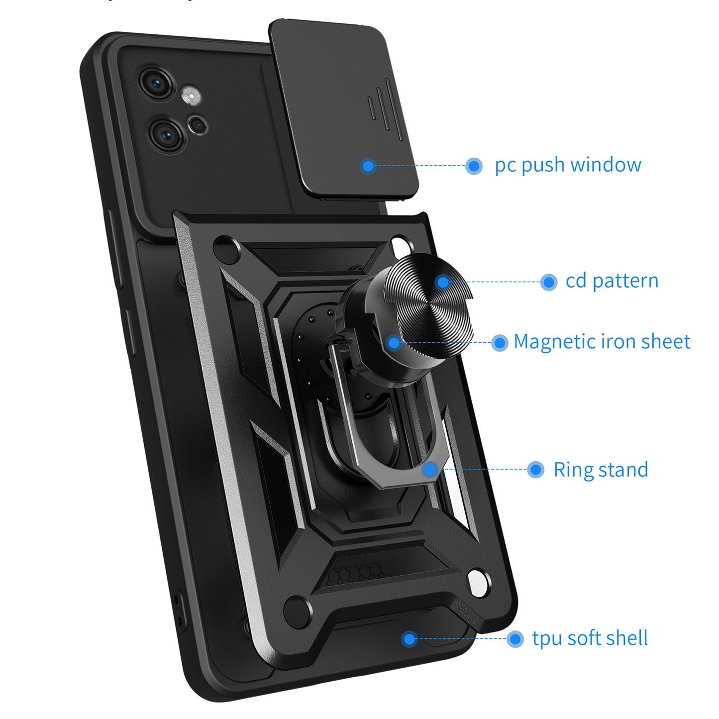 Motorola Moto G32 Sliding Camera Cover Magnetic Ring Stand Shockproof TPU + PC Protective Phone Case