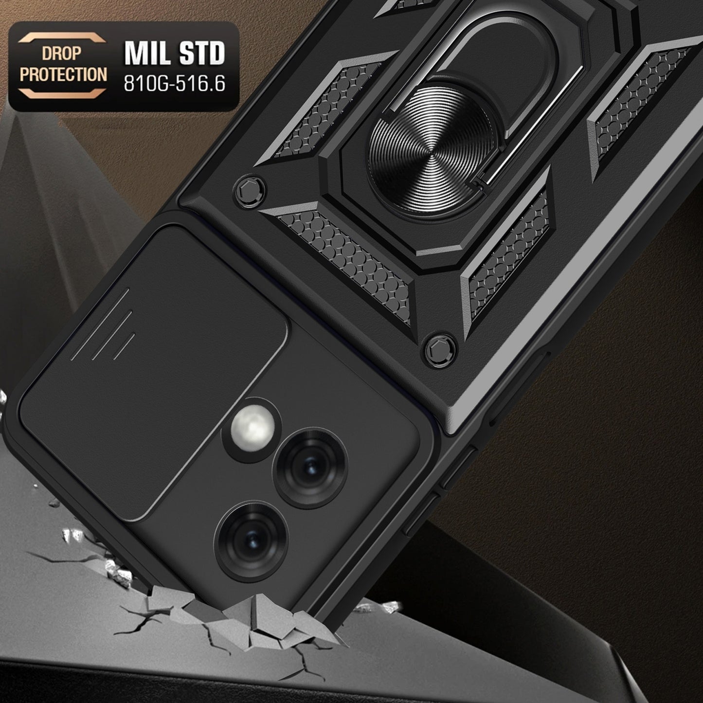 Motorola Moto G84 Sliding Camera Cover Magnetic Ring Stand Shockproof TPU + PC Protective Phone Case