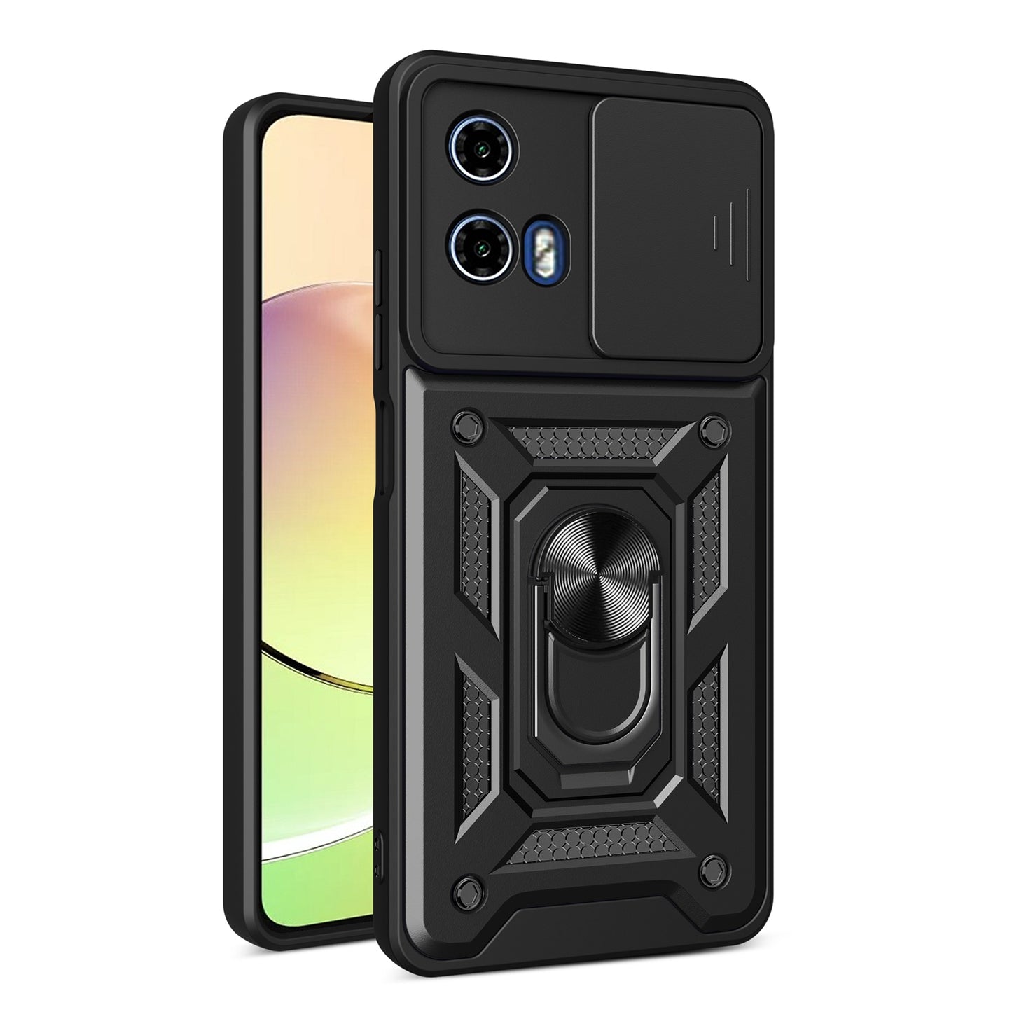 Motorola Moto G04 Sliding Camera Cover Magnetic Ring Stand Shockproof TPU + PC Protective Phone Case