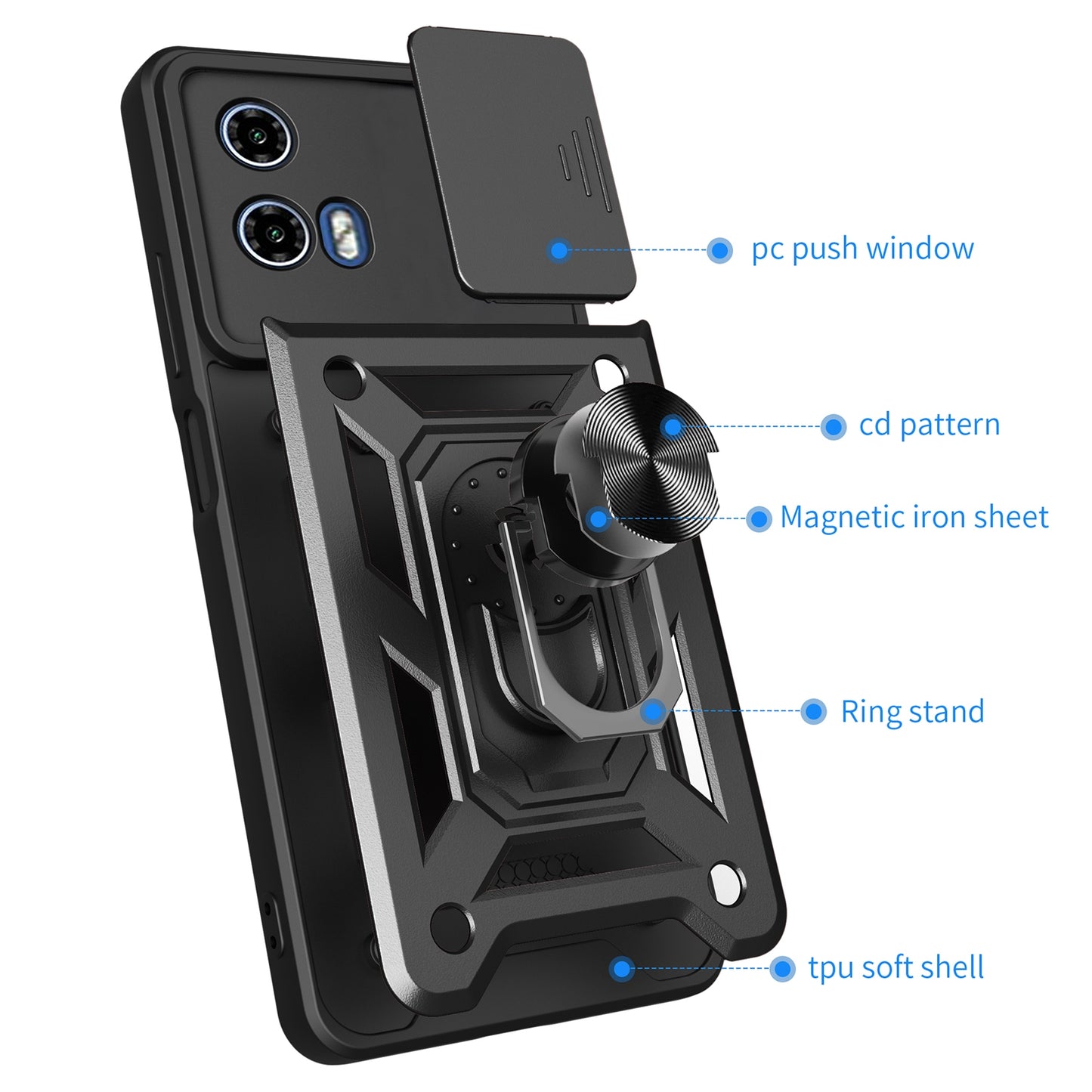 Motorola Moto G04 Sliding Camera Cover Magnetic Ring Stand Shockproof TPU + PC Protective Phone Case