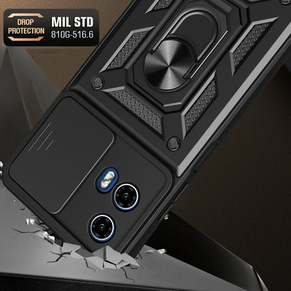 Motorola Moto G04 Sliding Camera Cover Magnetic Ring Stand Shockproof TPU + PC Protective Phone Case