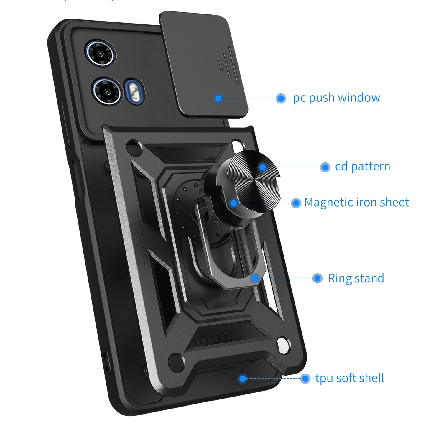 Motorola Moto G34 5G Sliding Camera Cover Magnetic Ring Stand Shockproof TPU + PC Protective Phone Case