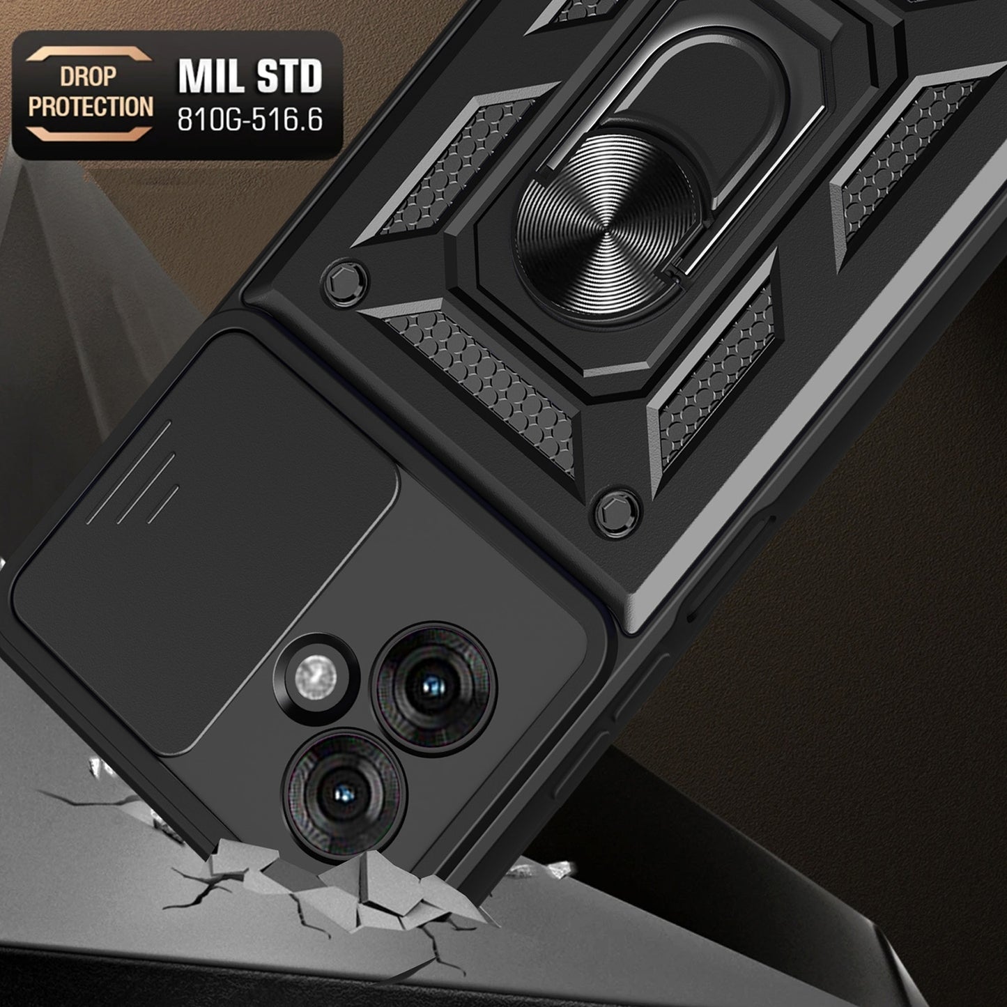 Motorola Moto G55 Sliding Camera Cover Magnetic Ring Stand Shockproof TPU + PC Protective Phone Case