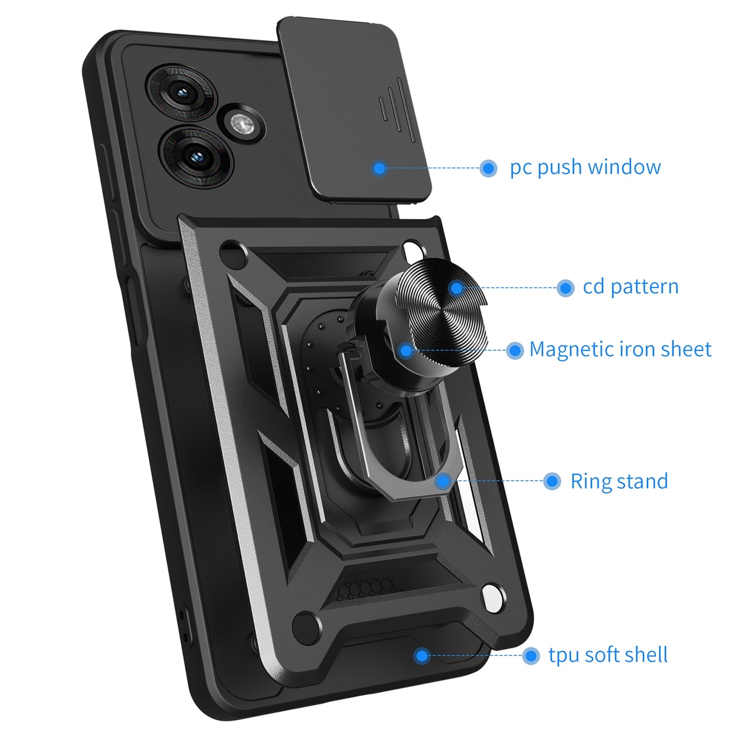 Motorola Moto G55 Sliding Camera Cover Magnetic Ring Stand Shockproof TPU + PC Protective Phone Case