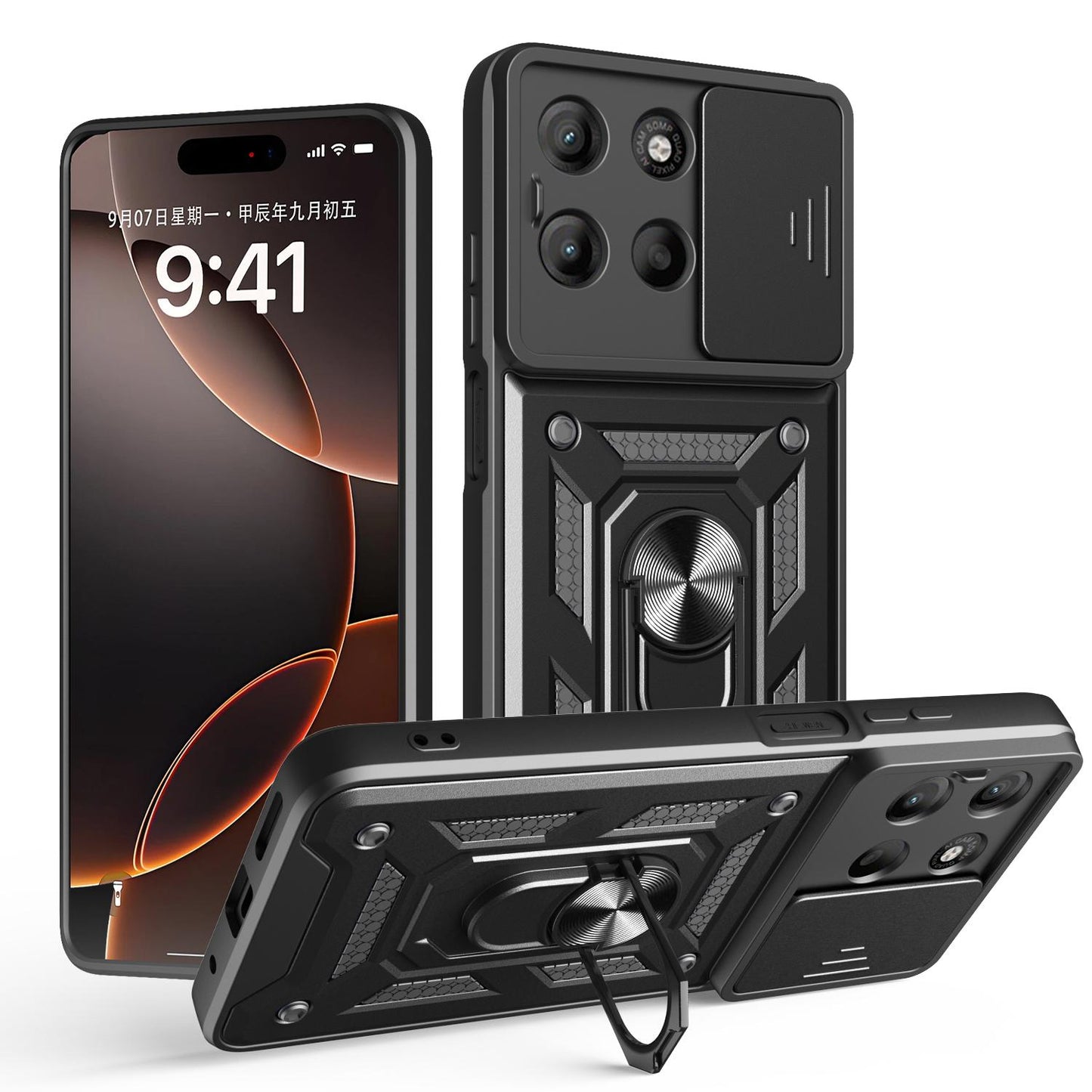 Motorola Moto G17 4G Sliding Camera Cover Magnetic Ring Stand Shockproof TPU + PC Protective Phone Case