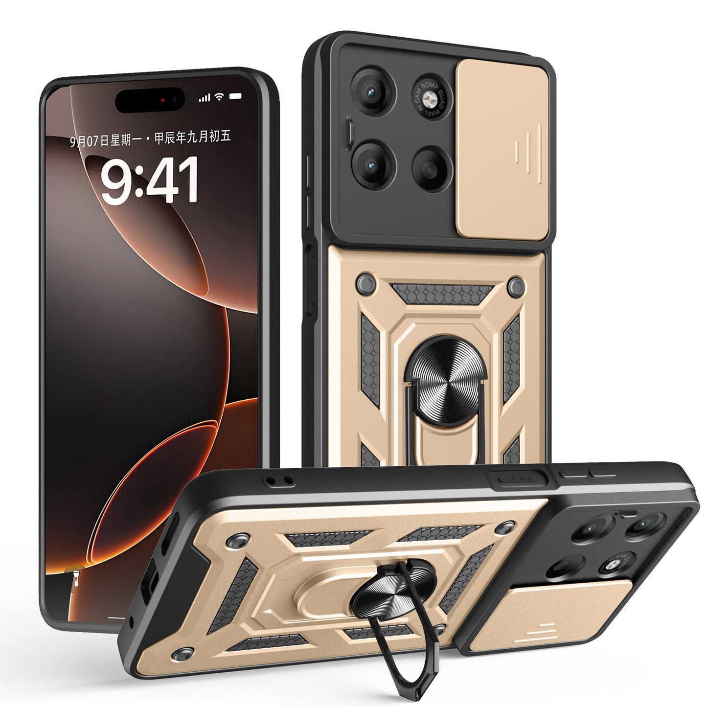 Motorola Moto G17 4G Sliding Camera Cover Magnetic Ring Stand Shockproof TPU + PC Protective Phone Case