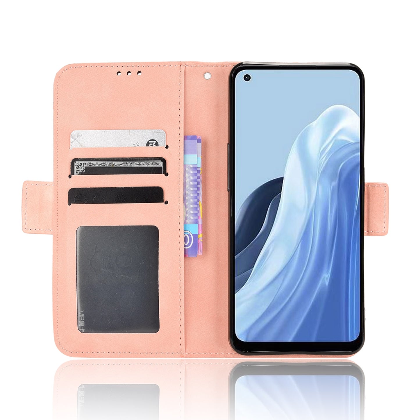 OPPO Reno7 A Skin Feel PU Leather Wallet Phone Case with Card Slots, Cash Pocket, Magnetic Closure, Built-In Stand, Full Protection TPU Cover