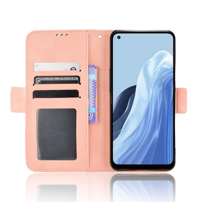 OPPO Reno7 A Skin Feel PU Leather Wallet Phone Case with Card Slots, Cash Pocket, Magnetic Closure, Built-In Stand, Full Protection TPU Cover