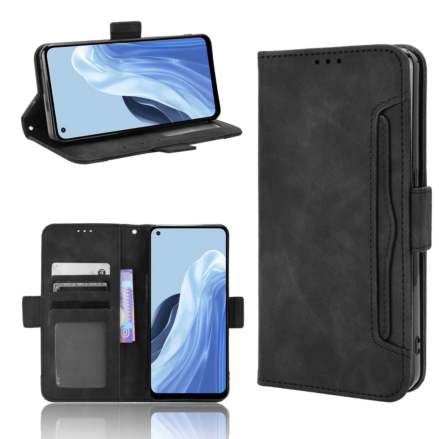 OPPO Reno7 A Skin Feel PU Leather Wallet Phone Case with Card Slots, Cash Pocket, Magnetic Closure, Built-In Stand, Full Protection TPU Cover