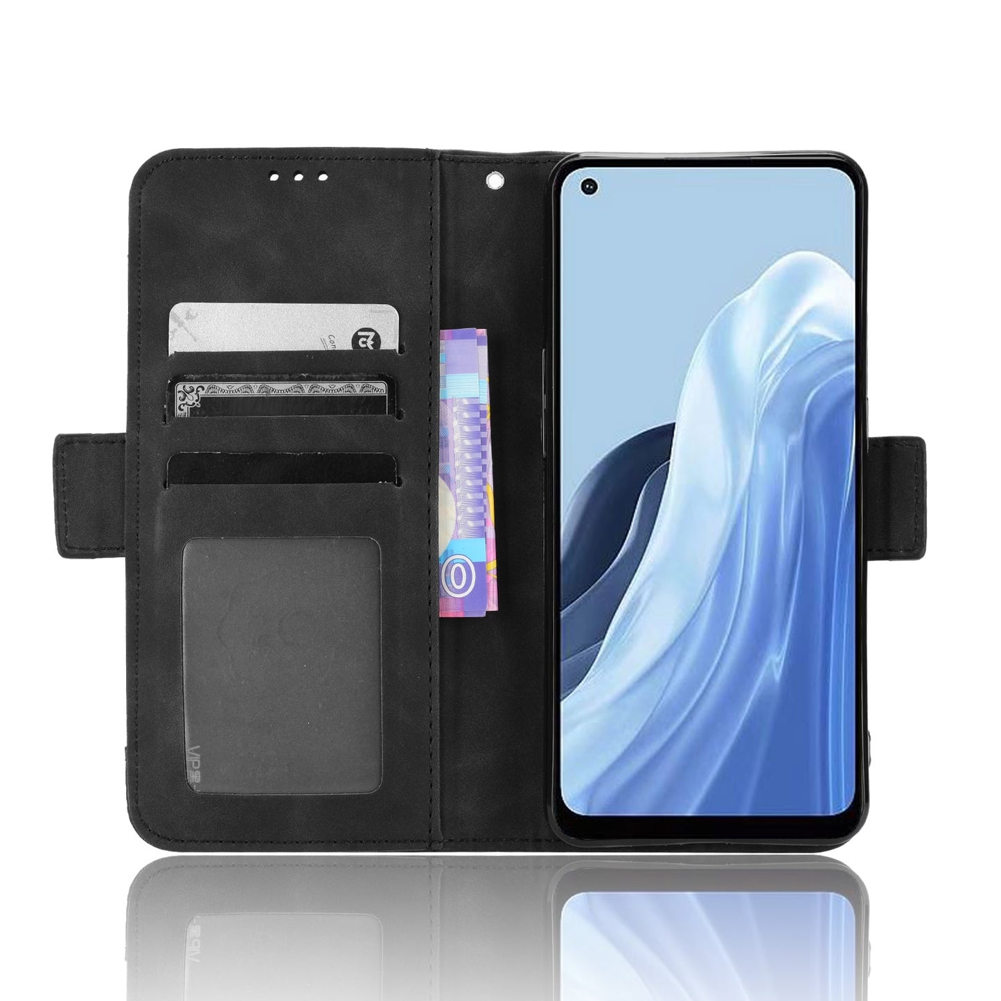 OPPO Reno7 A Skin Feel PU Leather Wallet Phone Case with Card Slots, Cash Pocket, Magnetic Closure, Built-In Stand, Full Protection TPU Cover