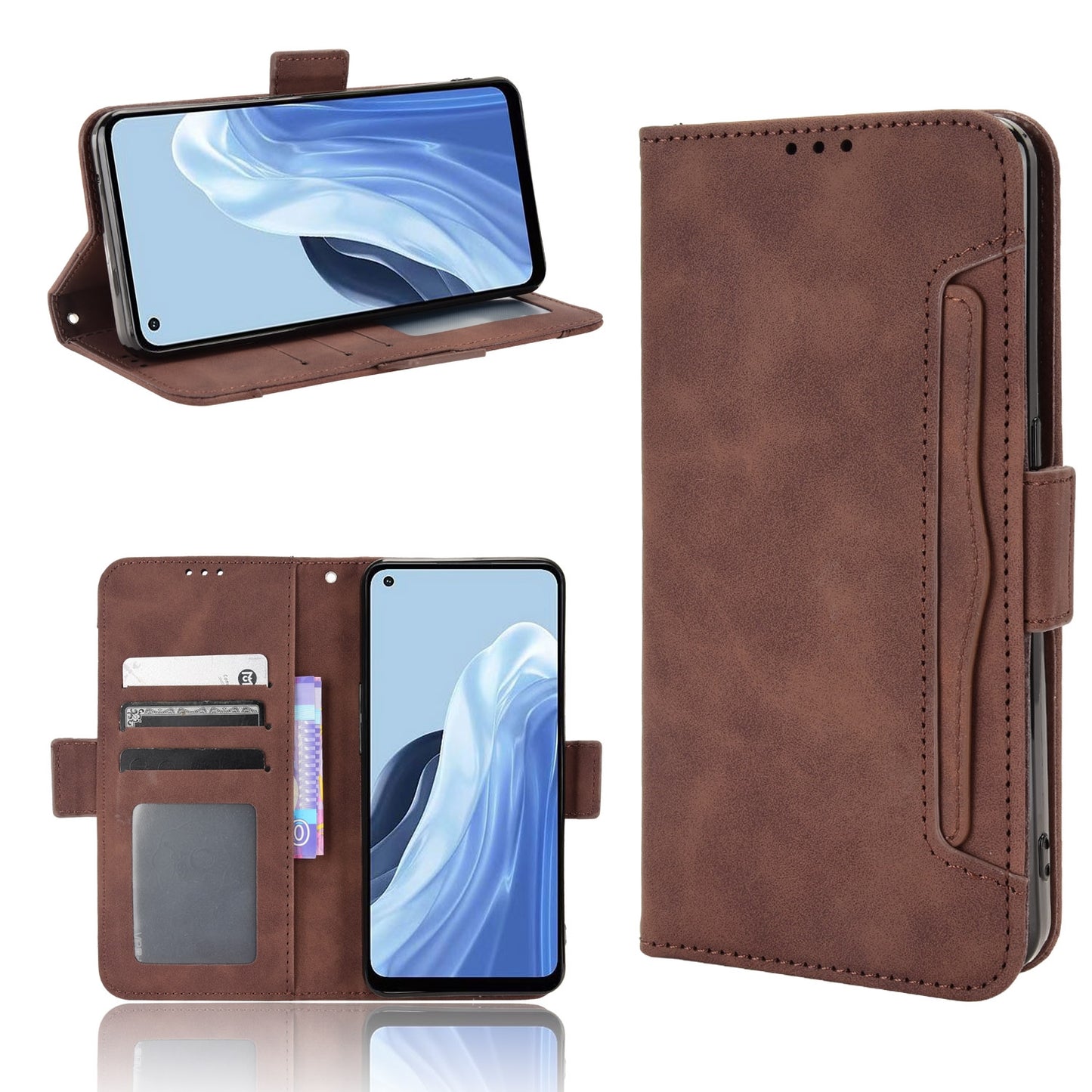 OPPO Reno7 A Skin Feel PU Leather Wallet Phone Case with Card Slots, Cash Pocket, Magnetic Closure, Built-In Stand, Full Protection TPU Cover