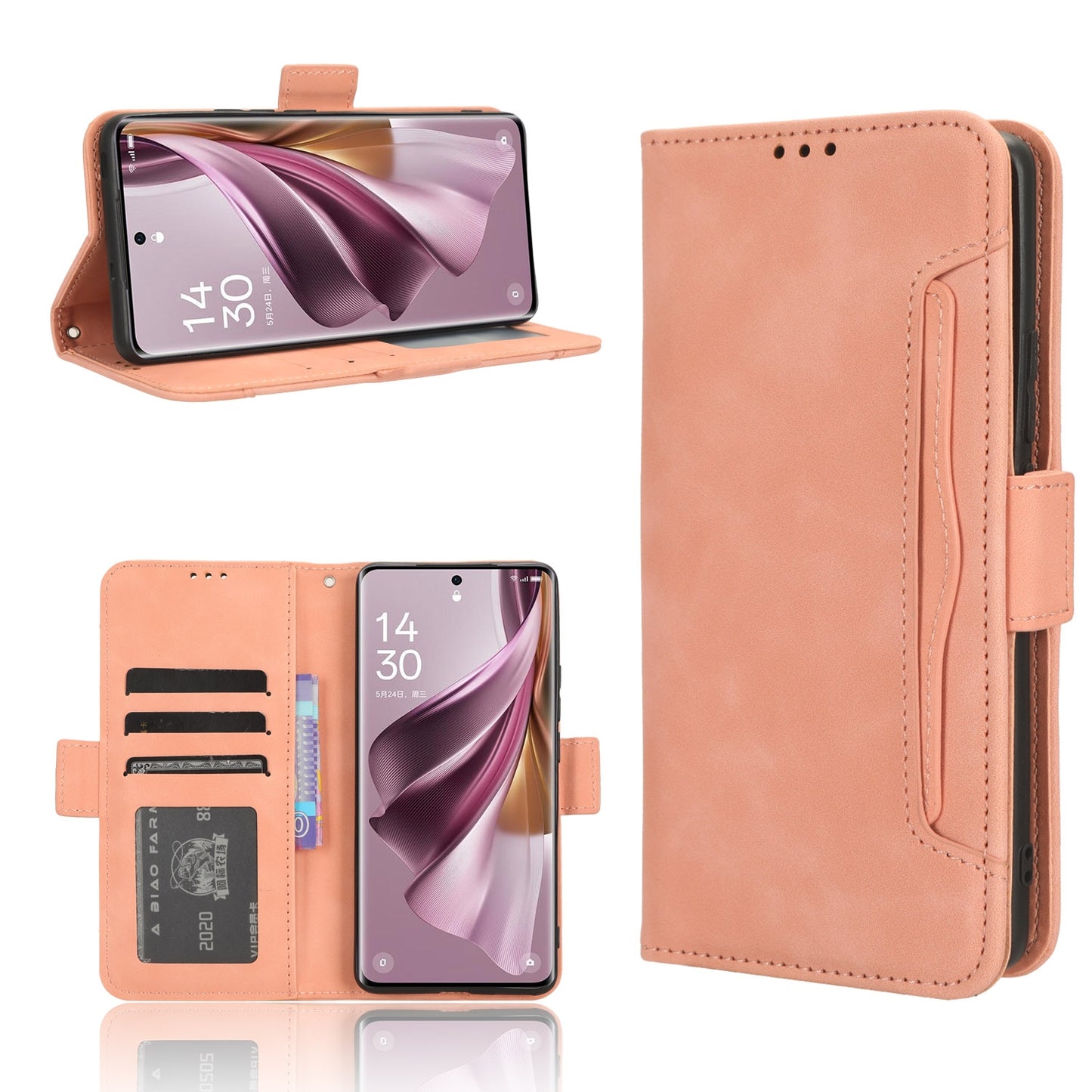 OPPO Reno10 Skin Feel PU Leather Wallet Phone Case with Card Slots, Cash Pocket, Magnetic Closure, Built-In Stand, Full Protection TPU Cover