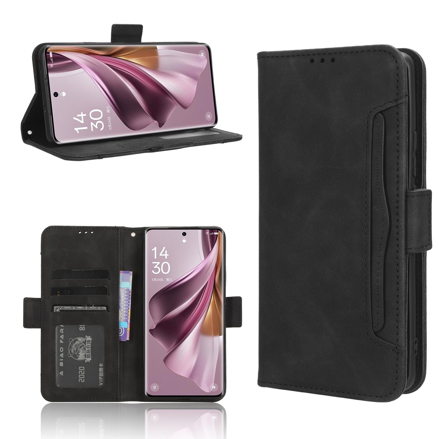 OPPO Reno10 Skin Feel PU Leather Wallet Phone Case with Card Slots, Cash Pocket, Magnetic Closure, Built-In Stand, Full Protection TPU Cover