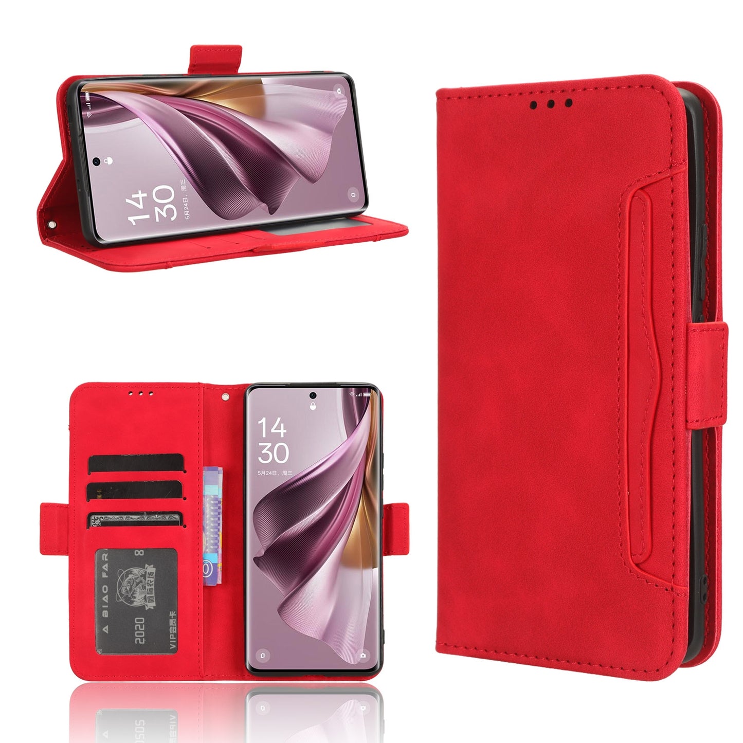 OPPO Reno10 Pro Skin Feel PU Leather Wallet Phone Case with Card Slots, Cash Pocket, Magnetic Closure, Built-In Stand, Full Protection TPU Cover