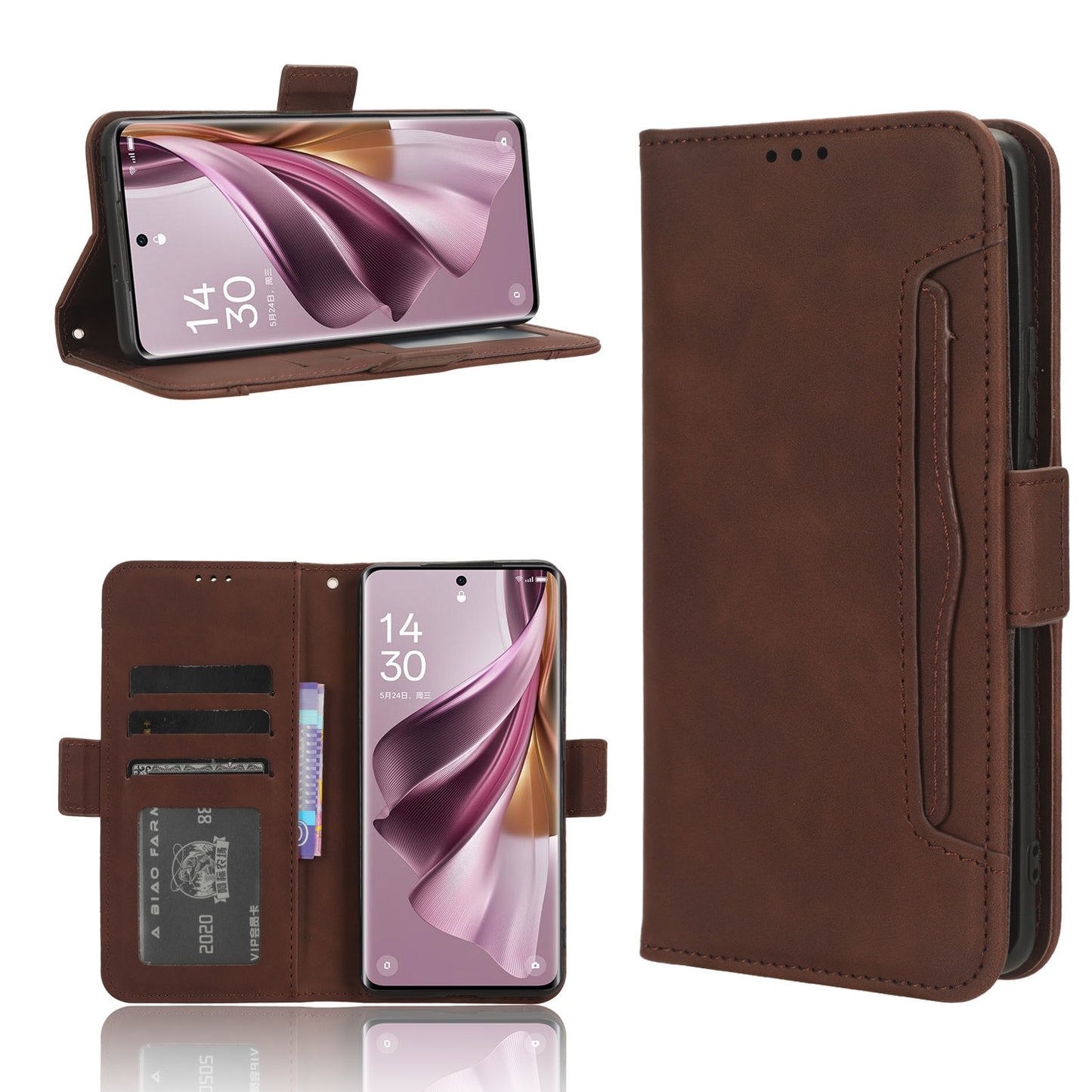 OPPO Reno10 Skin Feel PU Leather Wallet Phone Case with Card Slots, Cash Pocket, Magnetic Closure, Built-In Stand, Full Protection TPU Cover