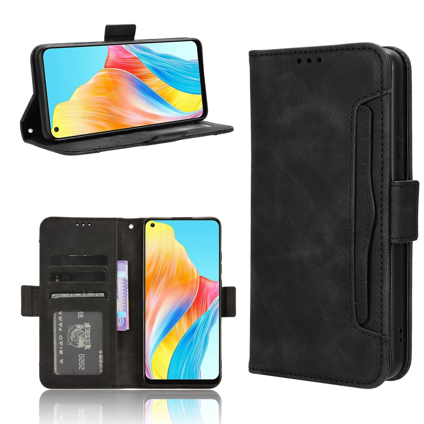 OPPO A58 4G Skin Feel PU Leather Wallet Phone Case with Card Slots, Cash Pocket, Magnetic Closure, Built-In Stand, Full Protection TPU Cover