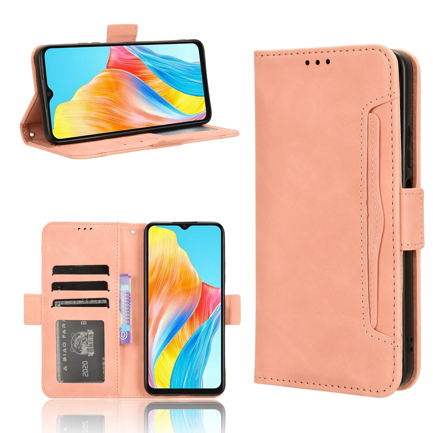 OPPO A18 4G Skin Feel PU Leather Wallet Phone Case with Card Slots, Cash Pocket, Magnetic Closure, Built-In Stand, Full Protection TPU Cover