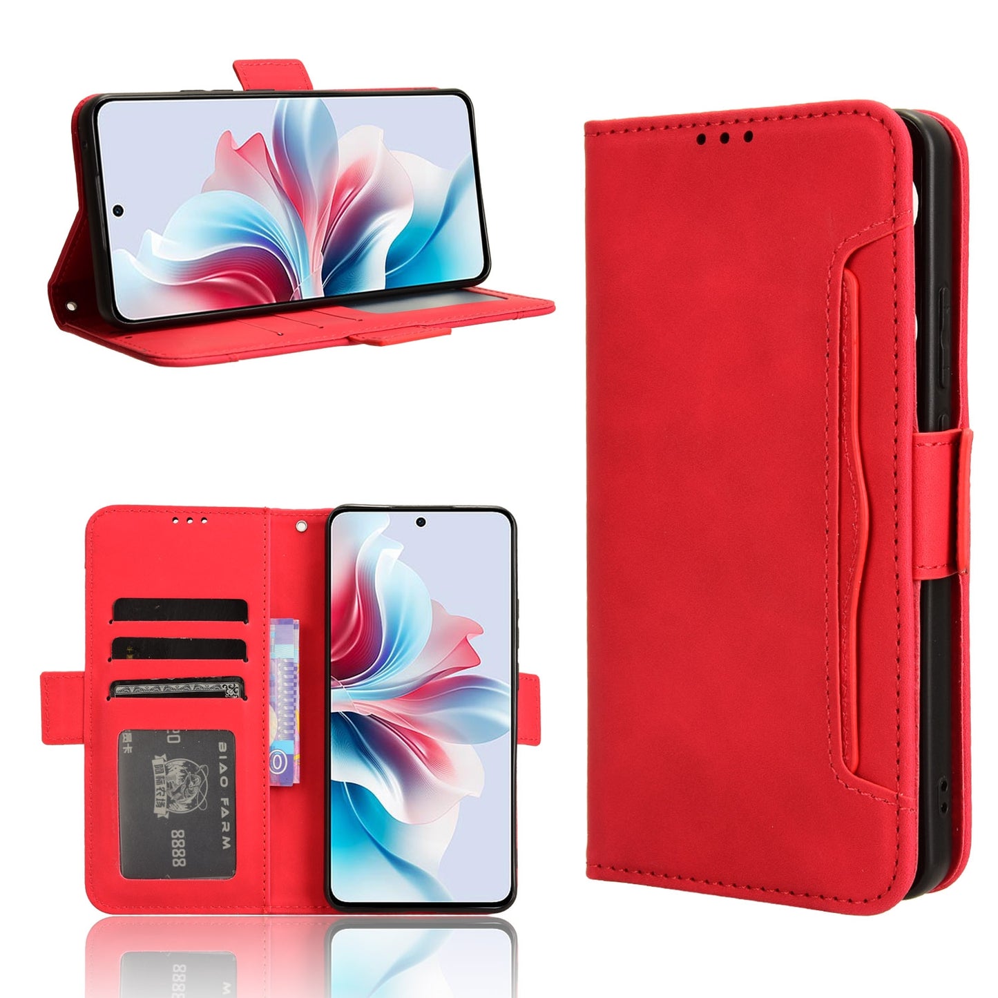 OPPO F25 Pro 5G Skin Feel PU Leather Wallet Phone Case with Card Slots, Cash Pocket, Magnetic Closure, Built-In Stand, Full Protection TPU Cover